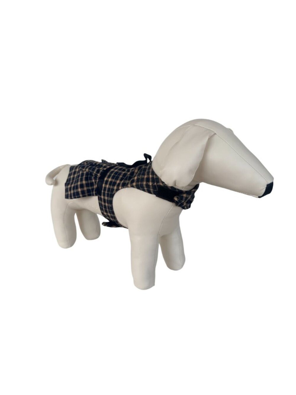 Handmade Small Dog Adjustable Dress Outfit w Harness Plaid Beige & Black - Picture 2 of 5
